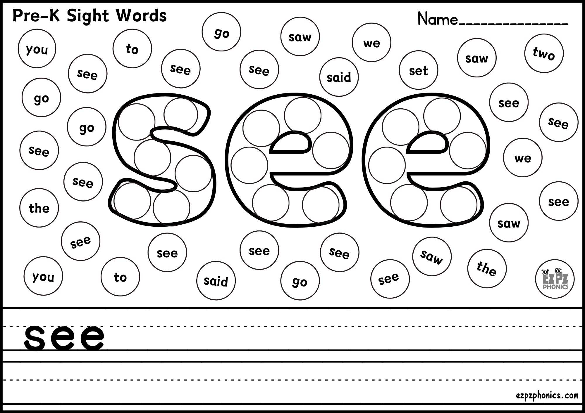 "See" Sight Word Dab & Write Worksheet Fun & Engaging Phonics Practice! PreK